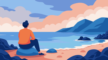 Fototapeta premium Sitting on a rocky beach watching the waves crash against the shore and feeling a sense of peace..