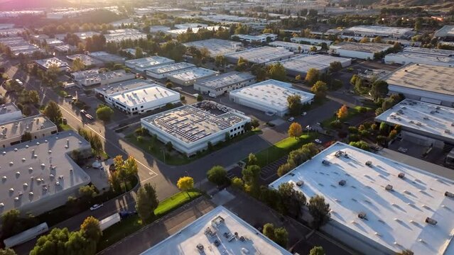 Warehouse, business industrial area of Valencia, California - aerial flyover