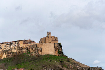 Panoramic view of the touristic medieval village of Frías, located in the province of Burgos on a hill and crowned by the church of San Vicente de Frias.
