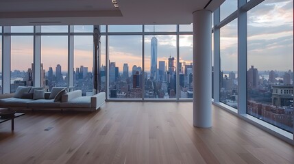 Stunning Panoramic Urban Apartment Overlooking Iconic Cityscape at Dusk