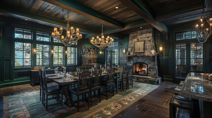 Lodge dining setting with dark green panels, rustic lights, and a stone hearth.