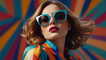 A elegantly chic woman with oversized sunglasses stands confidently against a vibrant, abstract background created by generative AI. Her sleek, modern outfit complements the bold colors swirling aroun