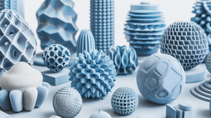 collection of blue  3D printed shapes on a white background, including geometric objects with various textures like smooth or textured surfaces