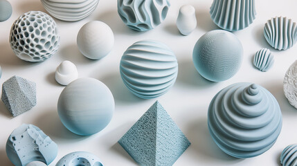 Fototapeta premium collection of blue 3D printed shapes on a white background, including geometric objects with various textures like smooth or textured surfaces