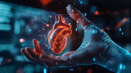 Cardiologist utilizes electronic medical records to diagnose heart condition and analyze patient anatomy. AI, innovation, and digital healthcare showcased on futuristic hologram.