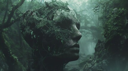 A mystical portrait of a woman made out of leaves and vines emerges from the forest.