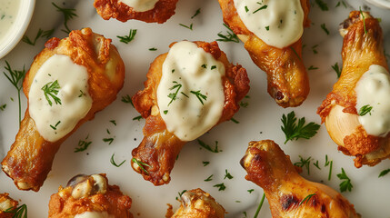 close up of airfried chicken drumsticks with ranch dressing on top