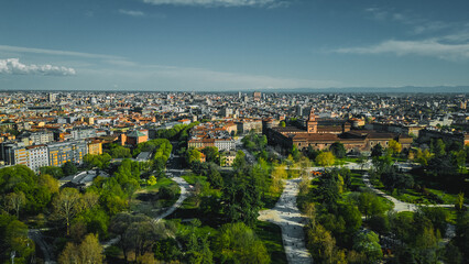 Beautiful view of the castle and city park. Aerial view photo of famous Sempione park in the heart...