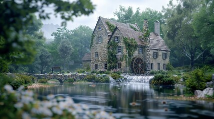 A picturesque stone cottage with a water wheel, nestled by a serene river in a lush, green landscape, exuding a storybook charm.