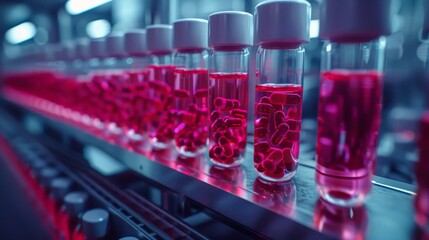 Red pharmaceutical capsules neatly organized in test tubes, moving along a high-tech production line in a modern laboratory. - Powered by Adobe