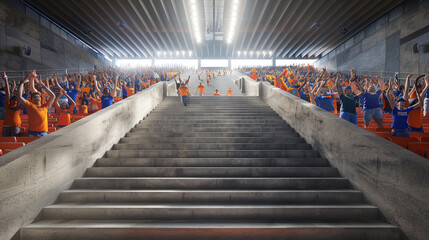 Stadium atmosphere charged as fans in team jerseys ascend and descend concrete steps.