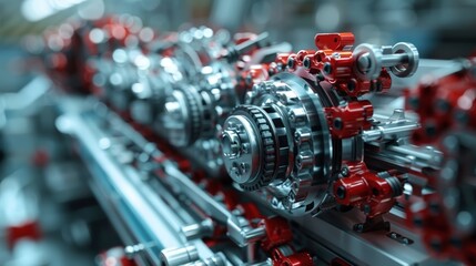 Fototapeta premium Close-up view of a high-precision engine assembly line, showcasing intricate red and silver mechanical components.