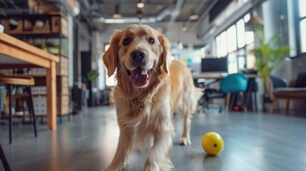 An enchanting image of a dog playing with a toy in the middle of an open-plan office, bringing joy and laughter to the workday on Take Your Dog to Work Day.