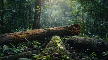 An enchanting image of a fallen tree, its decaying trunk providing a habitat for a diverse array of organisms, highlighting the cycle of life in the rainforest on World Rainforest Day.