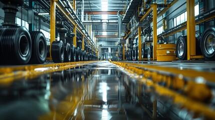 Naklejka premium Perspective view inside a modern automotive tire manufacturing plant, lined with rows of newly produced tires.