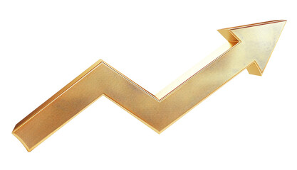 Gold up arrow success isolated on white 3d background with growth direction graph graphic symbol or golden economy stock profit chart icon element and investment financial achievement market