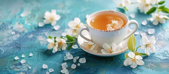 Herbal flower tea served in a teacup with jasmine flowers and crystal sugar on a blue textured...