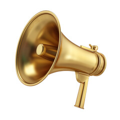 Golden megaphone white background isolated closeup, gold metal loudspeaker, loudhailer, speaking trumpet, bullhorn, announcement symbol, sound sign, attention, warning icon, advertisement illustration