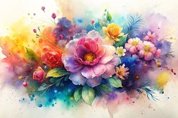 Obraz na płótnie Canvas Floral Explosion: Bursting blooms of watercolor splatters in vibrant hues, creating an explosion of color and vitality reminiscent of a blooming garden. 