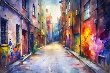 Graffiti Alley: Urban-inspired graffiti splatters in a kaleidoscope of colors against a gritty alleyway backdrop, capturing the vibrant energy of street art.
