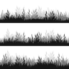 Fototapeta premium Meadow silhouettes with grass, plants on plain. Panoramic summer lawn landscape with herbs, various weeds. Herbal border, frame. Nature background. Black horizontal banner. Vector illustration