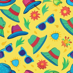 Naklejka premium Seamless pattern of sunglasses and sunhats for fun in the sun, Generative AI