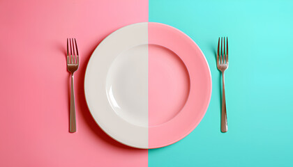 Plate and cutlery on color background. Diet concept
