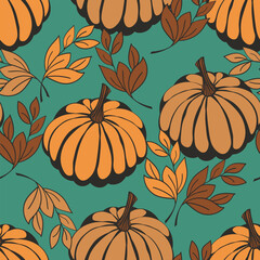 Seamless pattern with pumpkins on color background. Vector hand drawn sketched pumpkin. Autumn illustration for holidays, Halloween. Various food items in doodle style