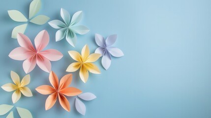 Obraz premium Blue background with paper flowers in pastel colors, top view. Copy space