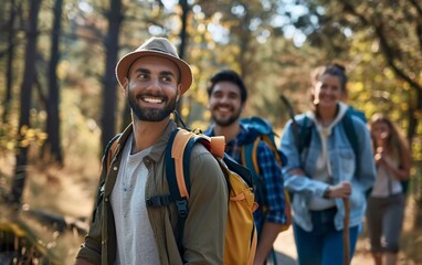 group of smiling friends walking with backpacks in the forest