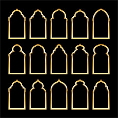 Islamic frames, oriental style. Golden arabic shapes, windows and arches. Traditional ornamental banner, frame. Muslim holidays, Ramadan Kareem. Modern eastern architecture. Vector illustration
