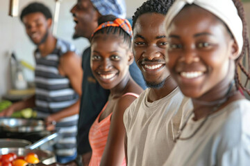 A diverse group of friends enjoying a home-cooked meal together at a Brazilian eatery