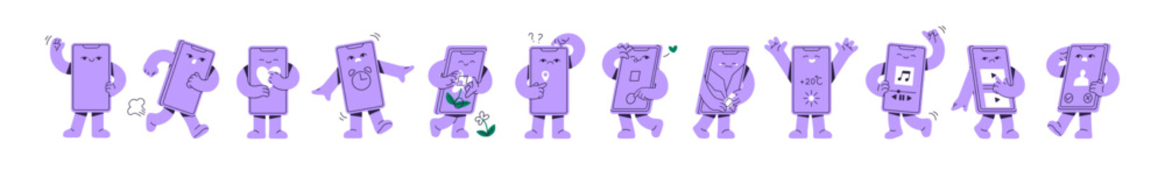 Mobile phone mascot set. Smartphone character with different emotions on face: happy, sad, cry. Cute cartoon cellphone with legs, arms, hands. Flat isolated vector illustrations on white background