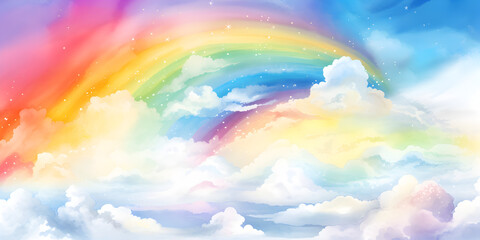 Abstract pastel watercolor rainbow clouds illustration
