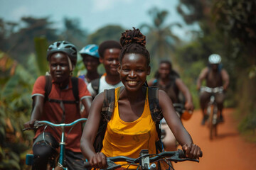 Diverse group of African American people riding bicycles in urban city street for eco-friendly commuter exercise with safety helmets