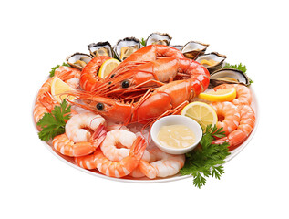 A fresh seafood platter featuring prawns, crab, oysters, and lemon slices garnished with parsley. Generative AI