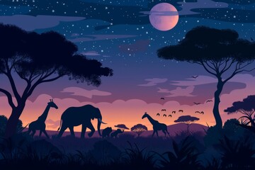 Cartoon cute doodles of a wildlife silhouette in the savanna at night, with giraffes, elephants, and lions roaming under the African sky, Generative AI