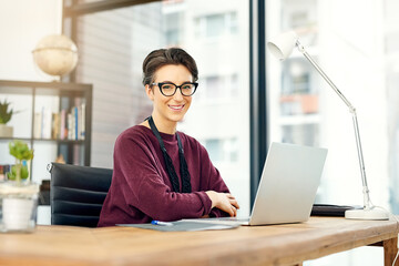 Portrait, woman and laptop in office with happiness for career, job growth and opportunity in...