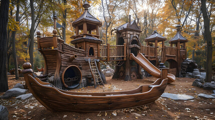 Adventure Awaits: A sprawling playground becomes the setting for an epic quest, as children transform into intrepid explorers and daring adventurers. A wooden pirate ship serves as the centerpiece