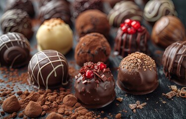 Assorted chocolate truffles and pralines displayed elegantly against a rich, dark backdrop