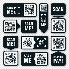Scan me QR code sticker. Online payment. Special offer sale stickers, shopping discount label or promotional badge. Serial number, product ID. Supermarket retail label, price tag. Vector illustration