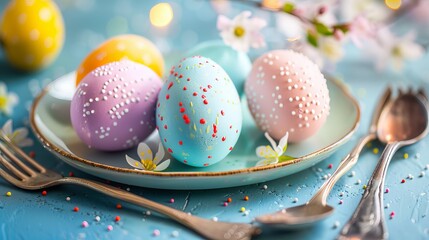 Colorful, light-hued Easter eggs sit on a plate with utensils nearby. The image captures the festive spirit of Easter.