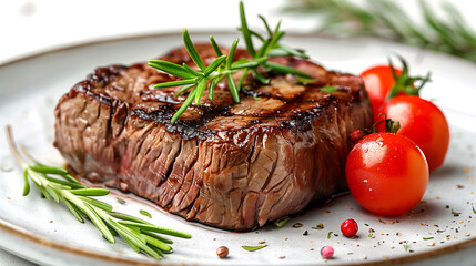 Juicy beef steak medium rare with rosemary, tomatoes and pepper