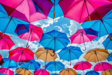 Colorful umbrellas arranged in the sky for decoration