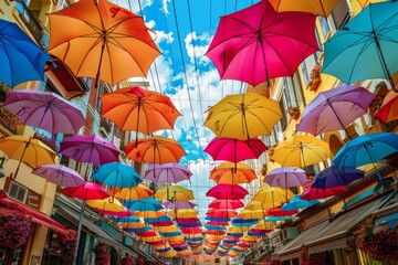 Obraz premium Colorful umbrellas arranged in the sky for decoration