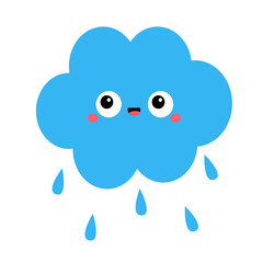 Blue cloud with rain drops. Happy smiling face emotion. Eyes and mouth. Cute cartoon kawaii funny baby character collection. Childish style. Flat design. Isolated. White background Vector illustration