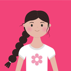 Young little girl kid face. Portrait of woman. Brunette hairstyle. Black pigtail hair. Beautiful lady, female. Avatar for social networks. Cute cartoon character. Flat design. Pink background. Vector