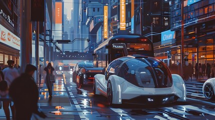 Dazzling Futuristic Cityscape with Illuminated Skyscrapers and Autonomous Vehicles in Rainy Night