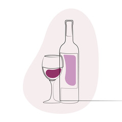 Bottle of wine with wine glass in continuous line art drawing style. Hand drawn minimalistic design for creative logo, icon or emblem.