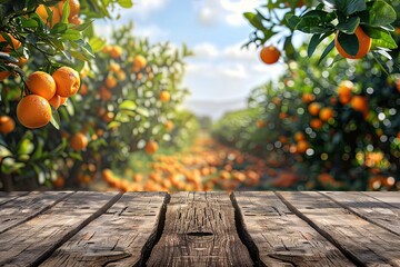 Empty wood table with free space over orange trees orange field background For product display montage - Powered by Adobe